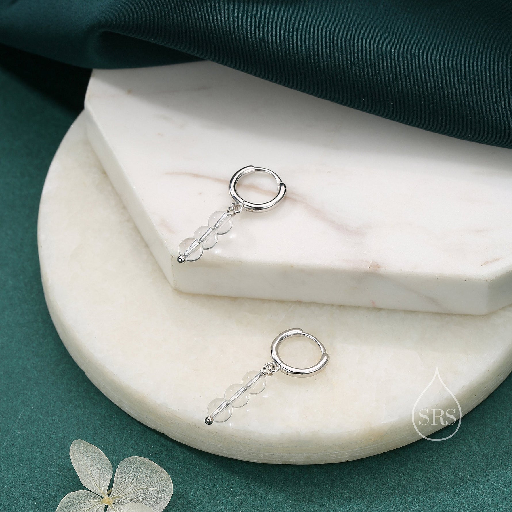 Genuine Clear Quartz Trio Huggie Hoop Earrings in Sterling Silver, Clear Quartz Cluster Dangle Earrings, Three Stone Hoops