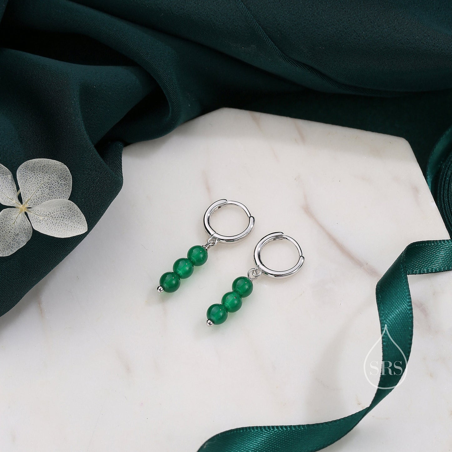 Genuine Green Onyx Stone Trio Huggie Hoop Earrings in Sterling Silver, Green Onyx Cluster Dangle Earrings, Three Stone Hoops