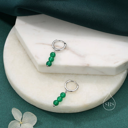 Genuine Green Onyx Stone Trio Huggie Hoop Earrings in Sterling Silver, Green Onyx Cluster Dangle Earrings, Three Stone Hoops