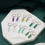 Genuine Moss Agate Trio Huggie Hoop Earrings in Sterling Silver, Moss Agate Crystal Cluster Dangle Earrings, Three Stone Hoops