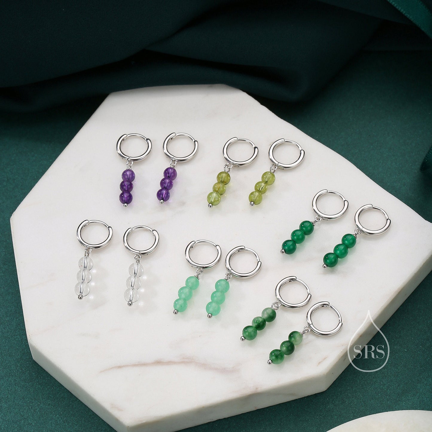 Genuine Green Onyx Stone Trio Huggie Hoop Earrings in Sterling Silver, Green Onyx Cluster Dangle Earrings, Three Stone Hoops