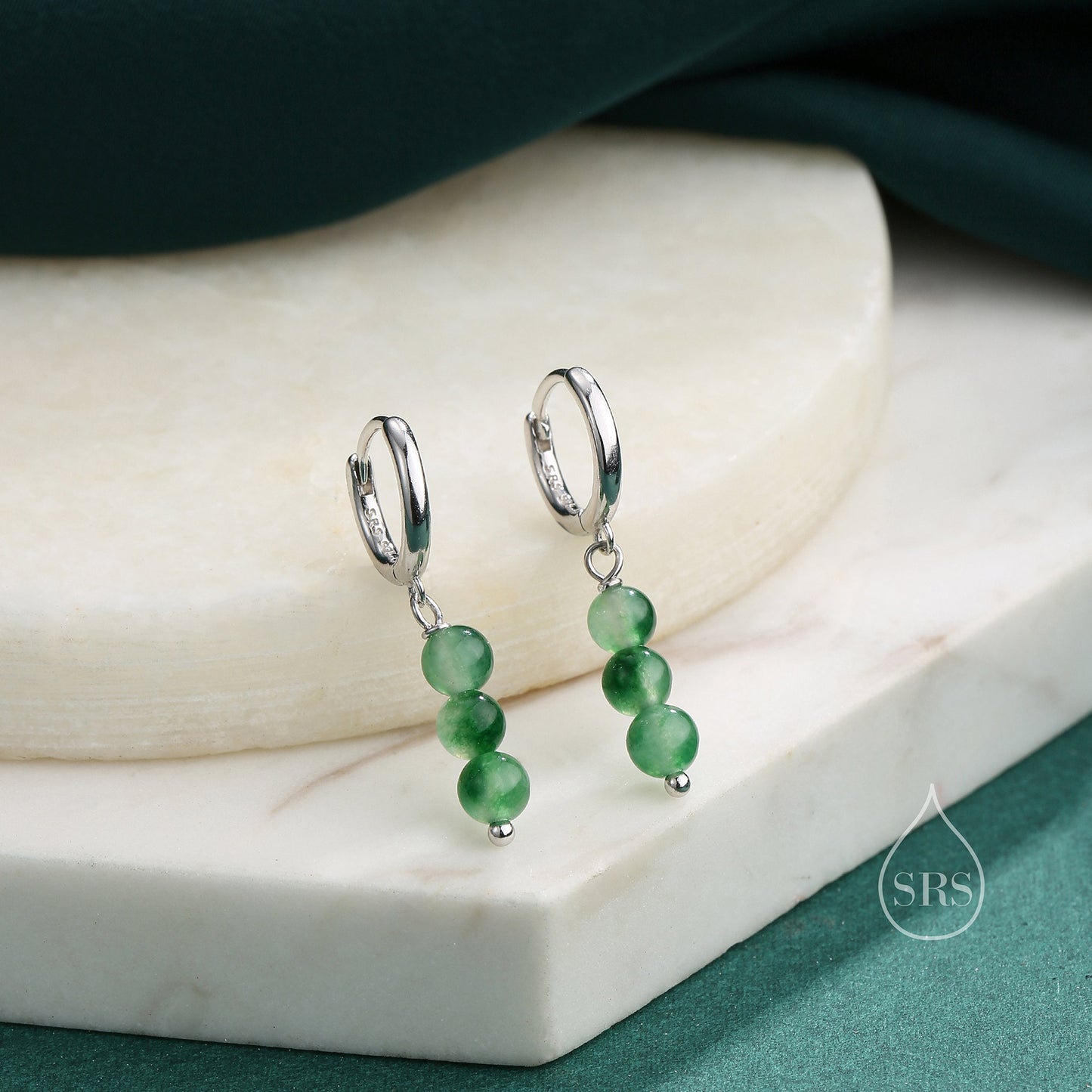 Genuine Moss Agate Trio Huggie Hoop Earrings in Sterling Silver, Moss Agate Crystal Cluster Dangle Earrings, Three Stone Hoops