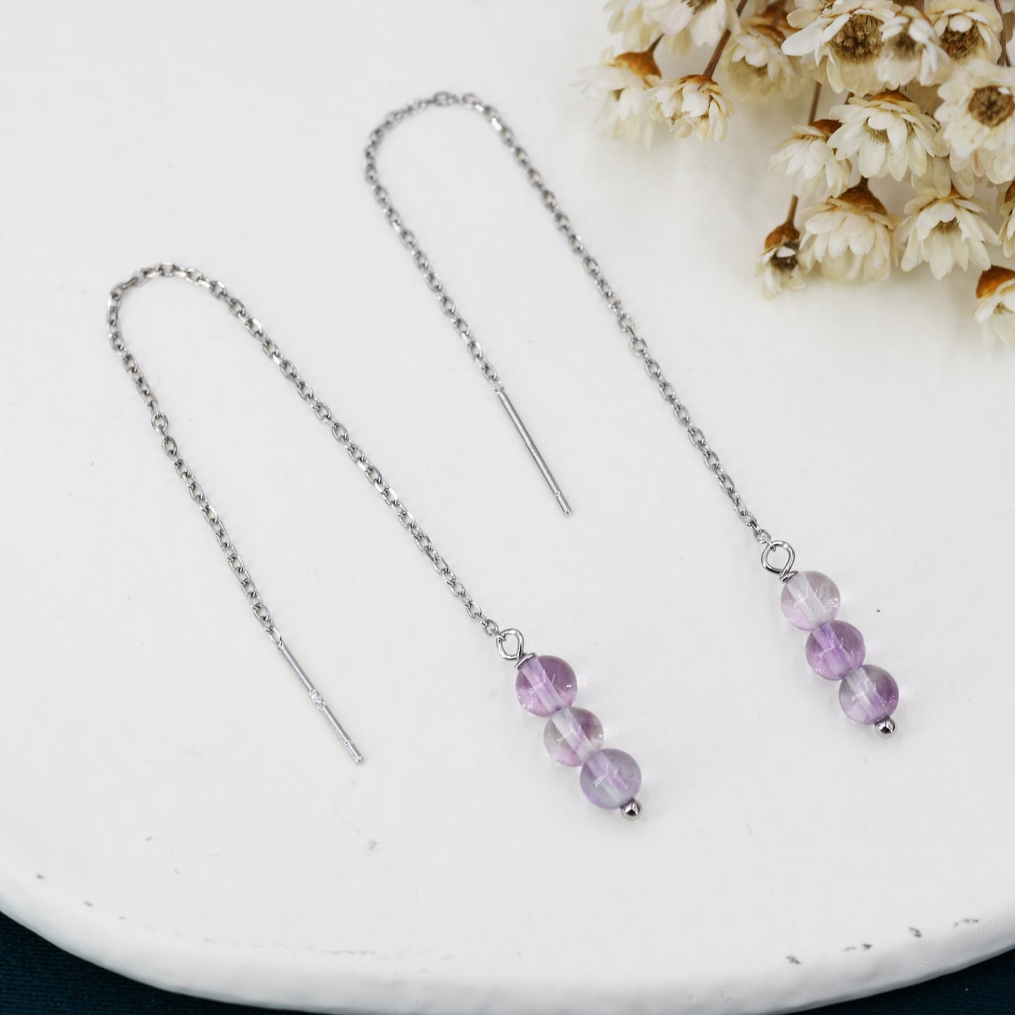 Genuine Purple Fluorite Trio Threader Earrings in Sterling Silver, Natural Fluorite Cluster Dangle Earrings, Three Stone Ear Threaders