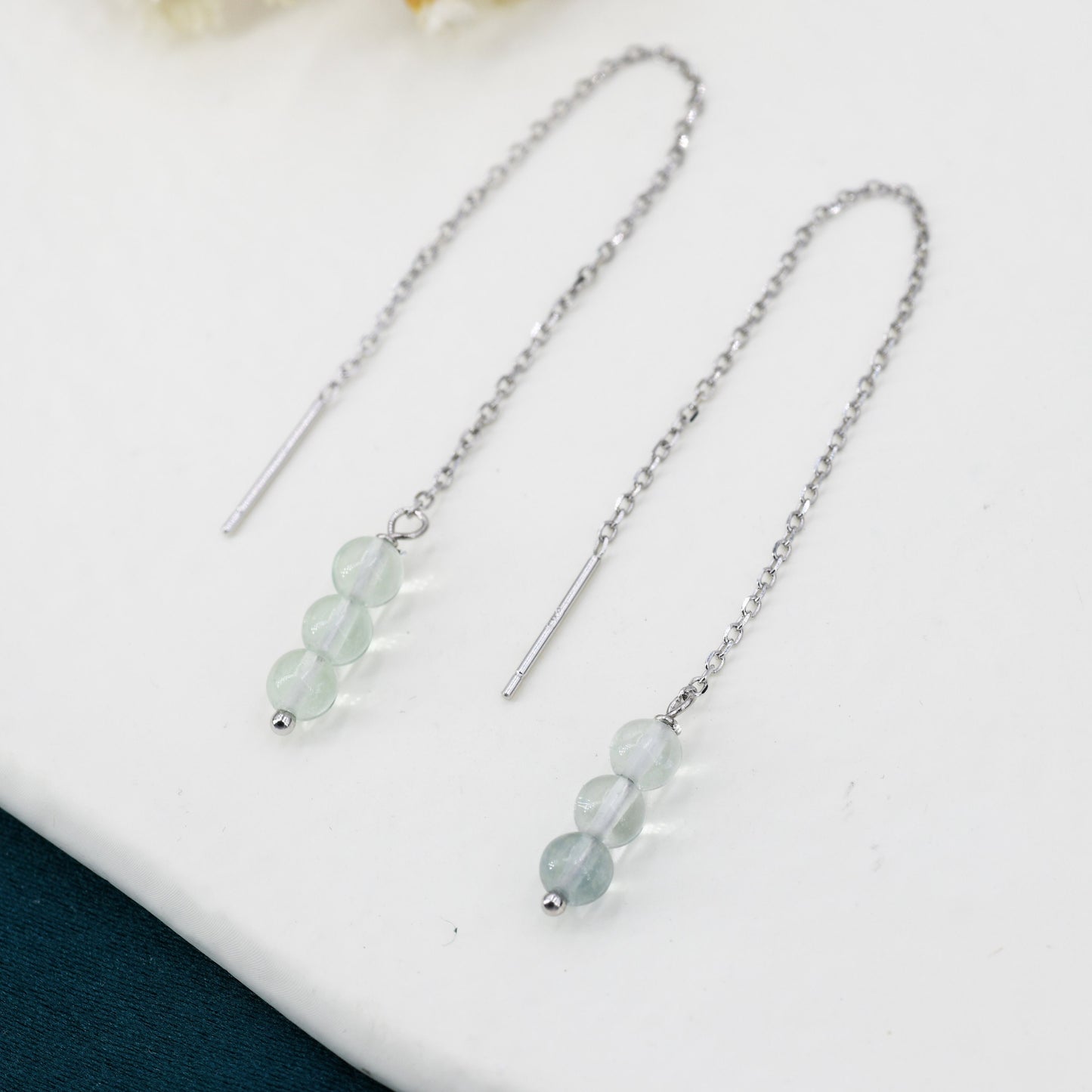 Genuine Fluorite Trio Threader Earrings in Sterling Silver, Natural Fluorite Cluster Dangle Earrings, Three Stone Ear Threaders