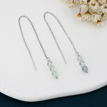 Genuine Fluorite Trio Threader Earrings in Sterling Silver, Natural Fluorite Cluster Dangle Earrings, Three Stone Ear Threaders