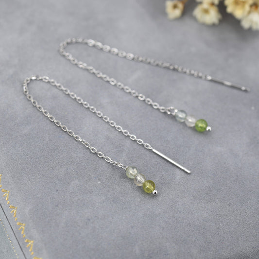 Genuine Tourmaline Trio Threader Earrings in Sterling Silver, Natural Tourmaline Cluster Dangle Earrings, Three Stone Ear Threaders - Green