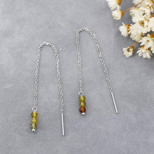 Genuine Tourmaline Trio Threader Earrings in Sterling Silver, Natural Tourmaline Cluster Dangle Earrings, Three Stone Ear Threaders - Green