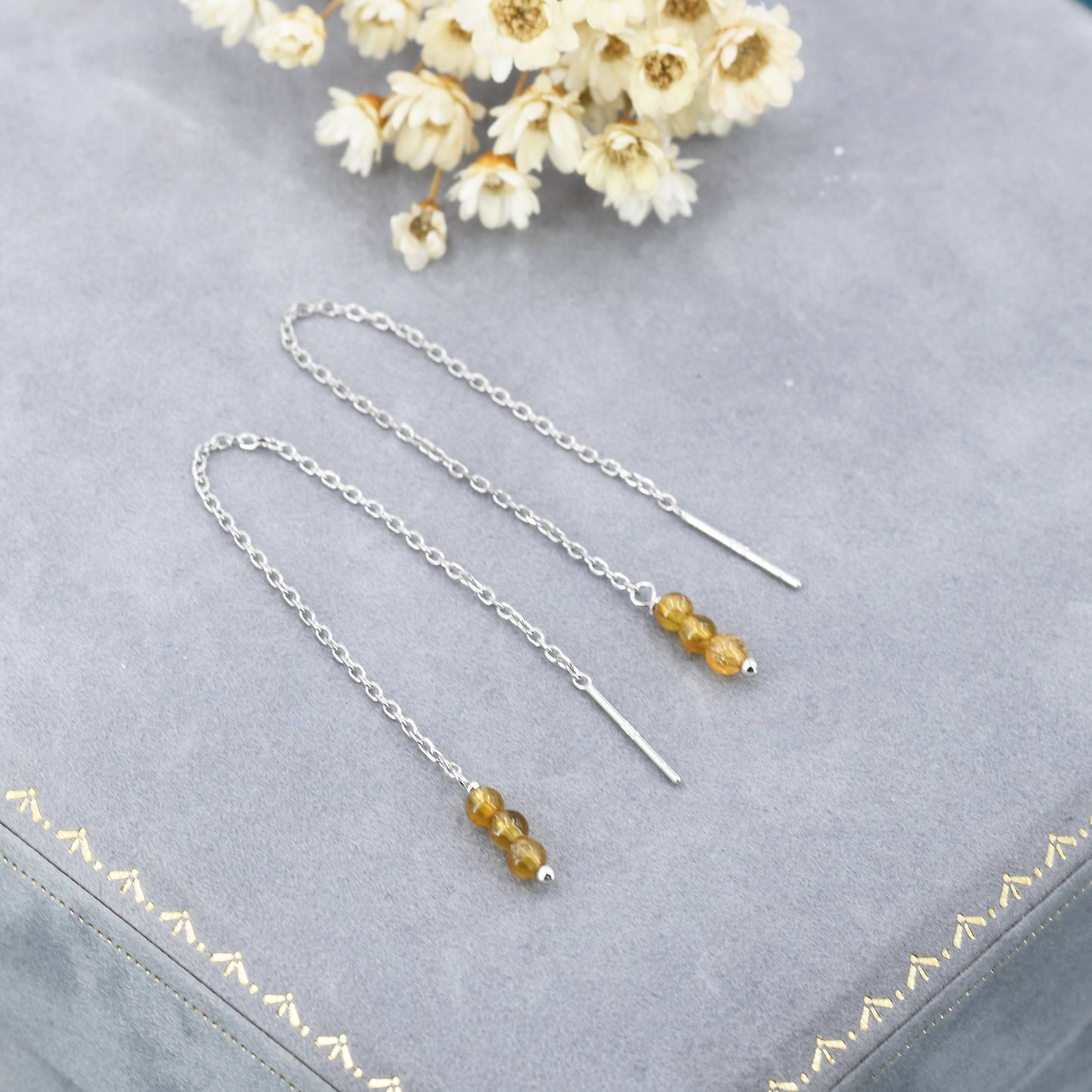 Genuine Tourmaline Trio Threader Earrings in Sterling Silver, Natural Tourmaline Cluster Dangle Earrings, Three Stone Ear Threaders - Yellow