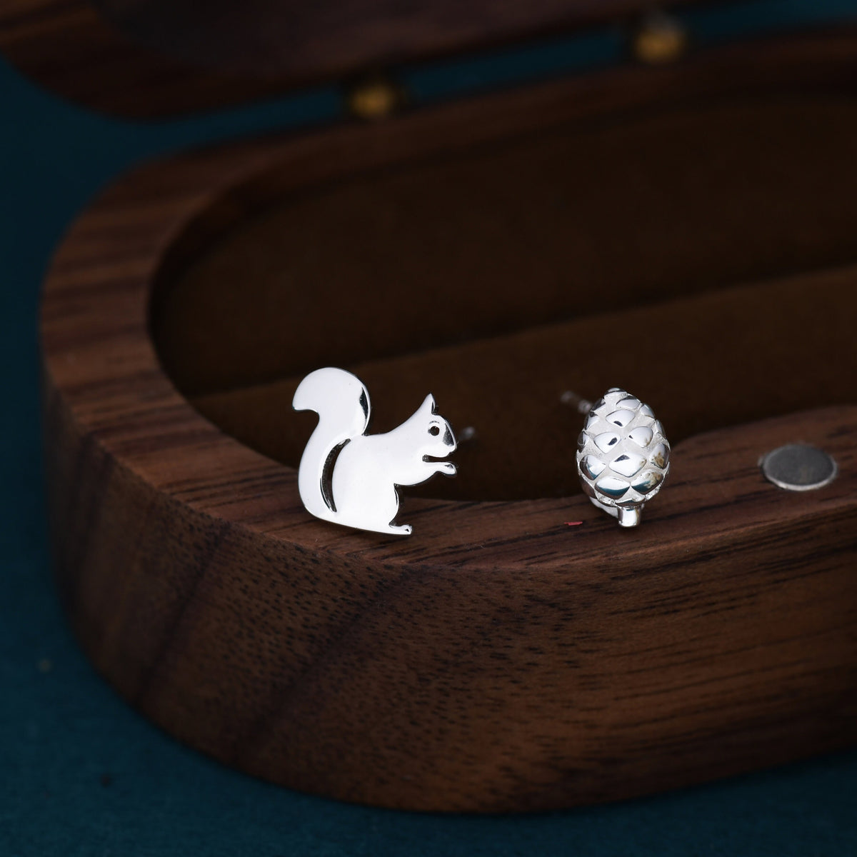 Mismatched Squirrel and Pinecone Stud Earrings in Sterling Silver, Squirrel Earrings, Pine Cone Earrings