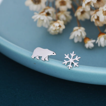 Mismatched Polar Bear and Snowflake Stud Earrings in Sterling Silver, Polar Bear and Snow Earrings, Polar Bear Earrings