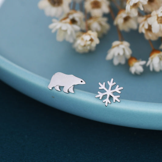 Mismatched Polar Bear and Snowflake Stud Earrings in Sterling Silver, Polar Bear and Snow Earrings, Polar Bear Earrings