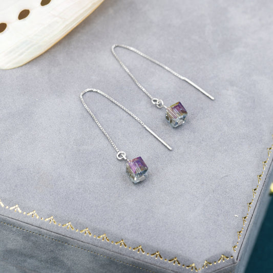 Purple Aurora CZ Cube Threader Earrings, AB Crystal Cube Ear Threaders, Delicate Threader Earrings