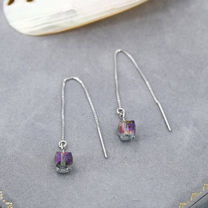 Purple Aurora CZ Cube Threader Earrings, AB Crystal Cube Ear Threaders, Delicate Threader Earrings