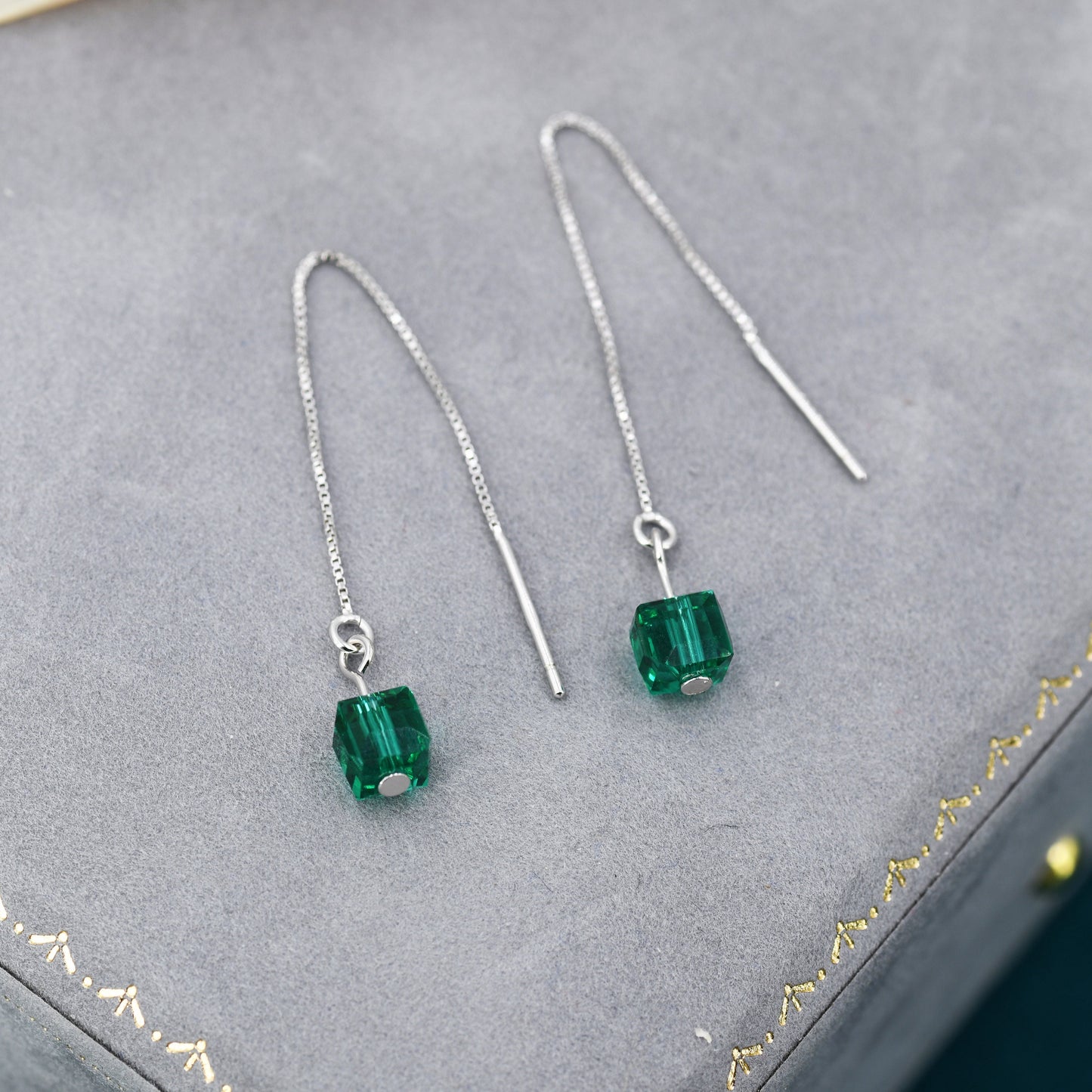 Green CZ Cube Threader Earrings, AB Crystal Cube Ear Threaders, Delicate Threader Earrings