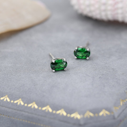 Emerald Green CZ Stud Earrings in Sterling Silver, 0.5 carat, 4x6mm Oval Cut CZ Earrings, 5x7mm Four Prong Set, Oval CZ Stud