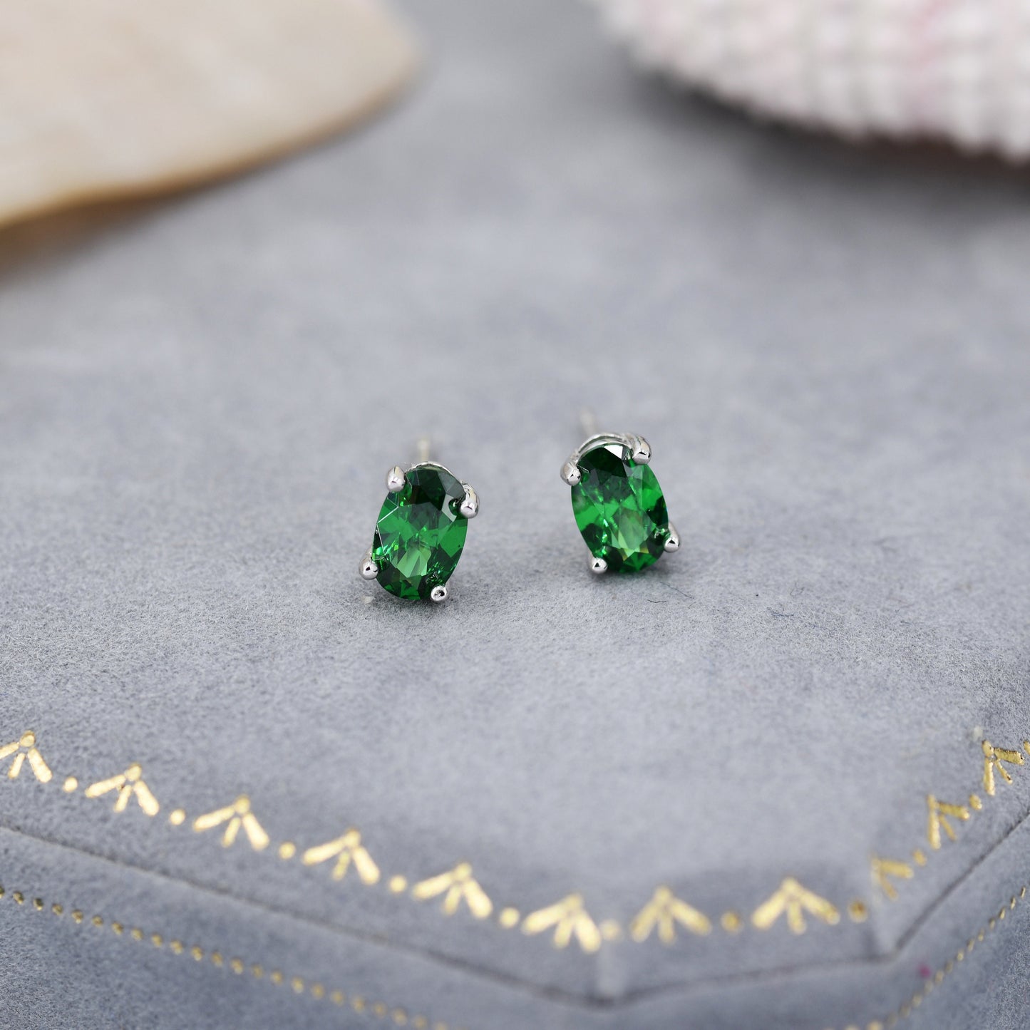 Emerald Green CZ Stud Earrings in Sterling Silver, 0.5 carat, 4x6mm Oval Cut CZ Earrings, 5x7mm Four Prong Set, Oval CZ Stud