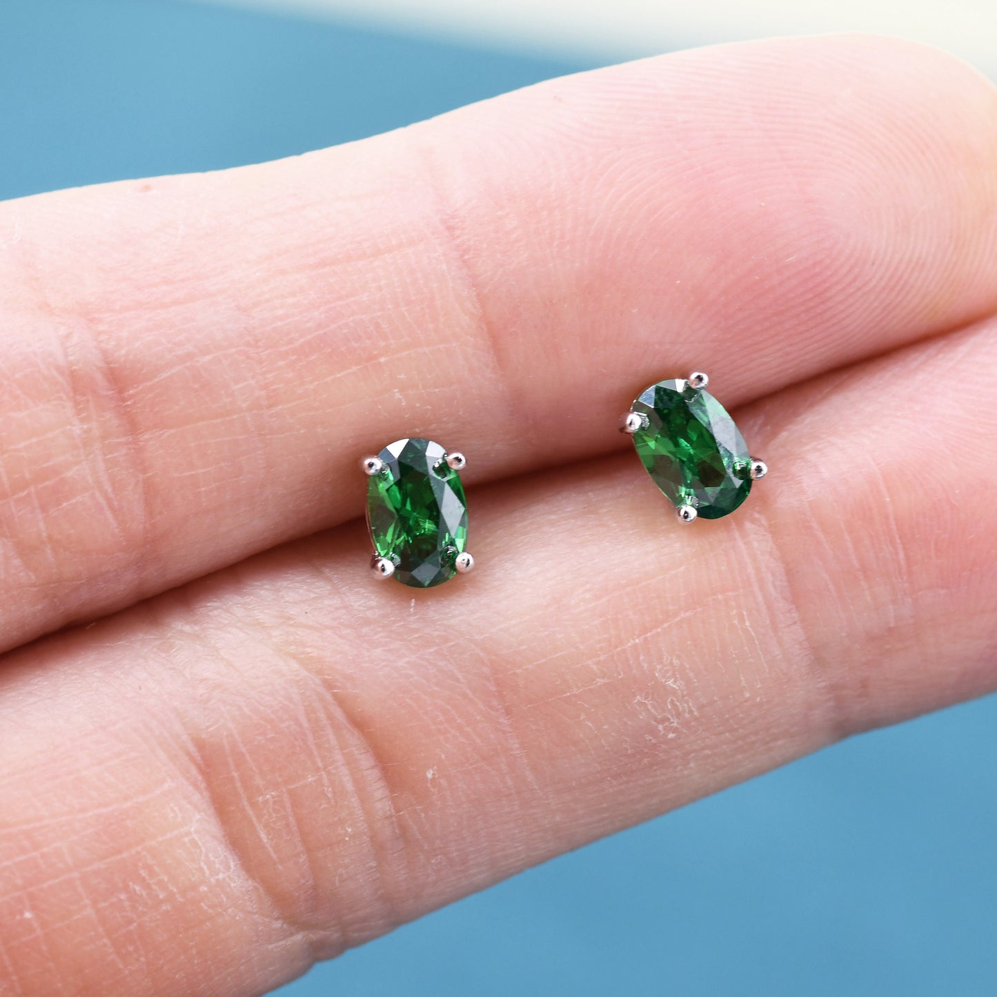 Emerald Green CZ Stud Earrings in Sterling Silver, 0.5 carat, 4x6mm Oval Cut CZ Earrings, 5x7mm Four Prong Set, Oval CZ Stud