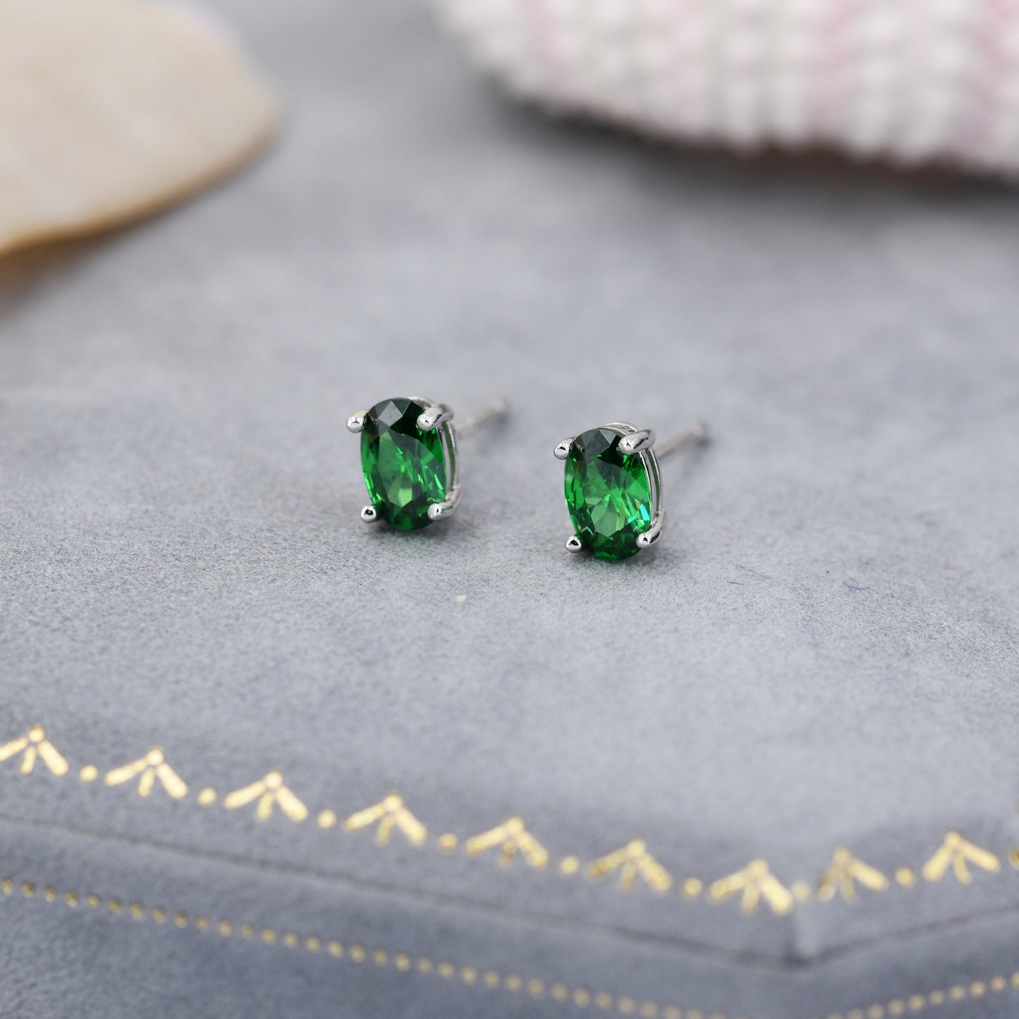 Emerald Green CZ Stud Earrings in Sterling Silver, 0.5 carat, 4x6mm Oval Cut CZ Earrings, 5x7mm Four Prong Set, Oval CZ Stud