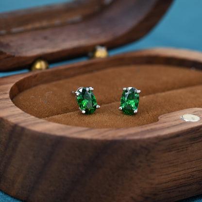 Emerald Green CZ Stud Earrings in Sterling Silver, 0.5 carat, 4x6mm Oval Cut CZ Earrings, 5x7mm Four Prong Set, Oval CZ Stud