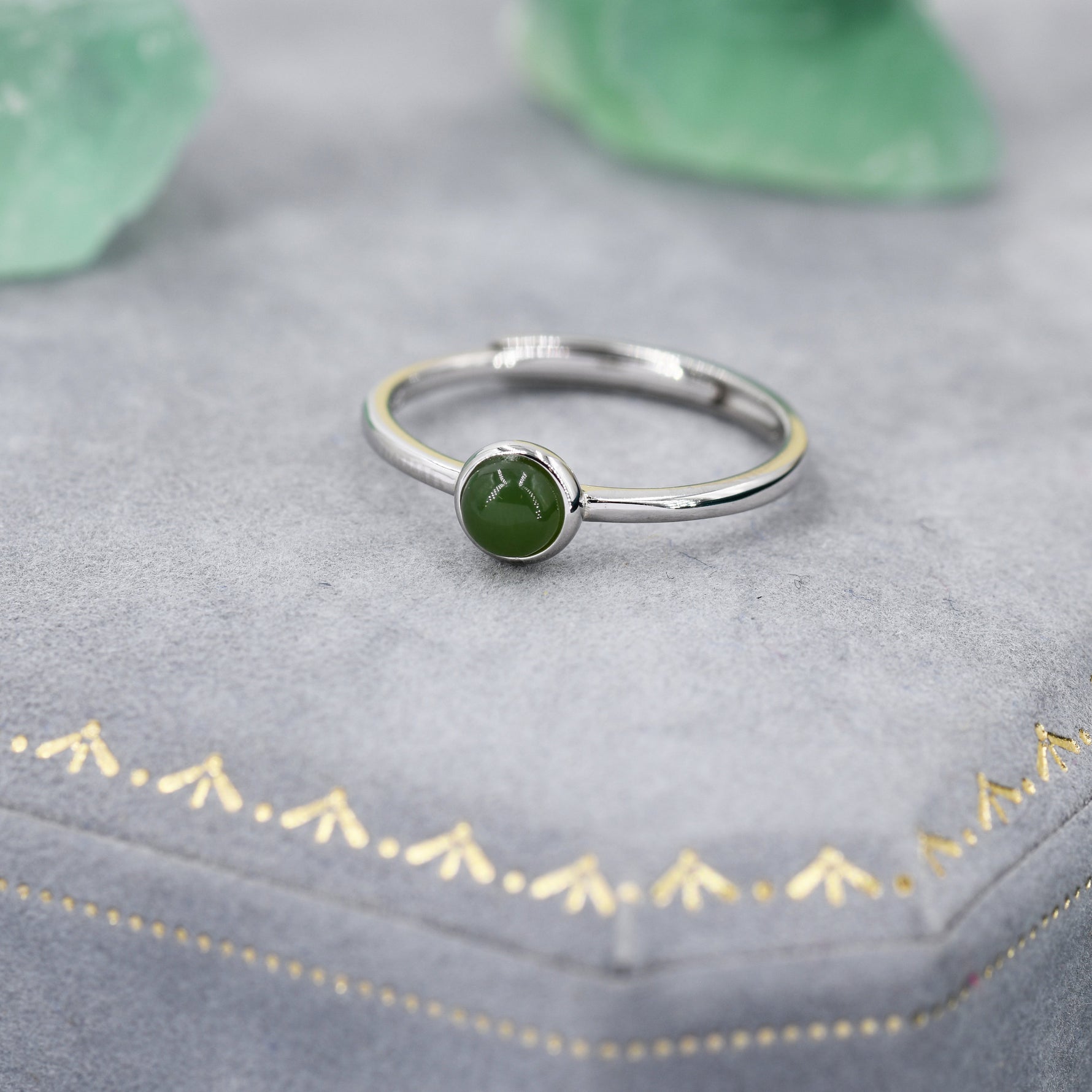 Minimalist Genuine Jade Ring in Sterling Silver, 4mm Bezel Set Natural Jade Ring, Adjustable Size, Jasper Jade Ring