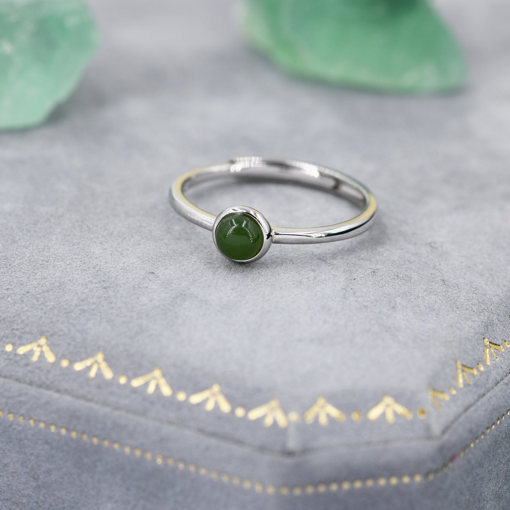 Minimalist Genuine Jade Ring in Sterling Silver, 4mm Bezel Set Natural Jade Ring, Adjustable Size, Jasper Jade Ring