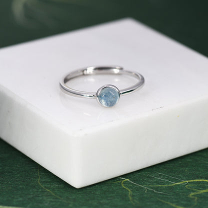 Minimalist Genuine Aquamarine Ring in Sterling Silver, 4mm Bezel Set Natural Aquamarine Ring, Adjustable Size, Aquamarine Ring