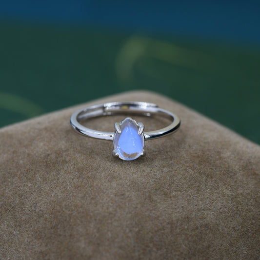 Moonstone Droplet Ring in Sterling Silver,  4x6mm, Prong Set Pear Cut Lab Moonstone, Adjustable Size, Simulated Moonstone Ring