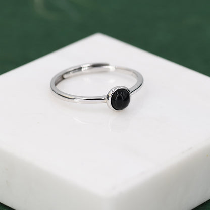 Minimalist Genuine Black Onyx Ring in Sterling Silver, 4mm Bezel Set Natural Black Onyx Ring, Adjustable Size, Black Onyx Ring