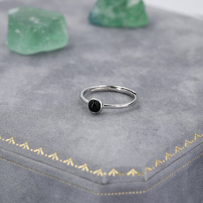 Minimalist Genuine Black Onyx Ring in Sterling Silver, 4mm Bezel Set Natural Black Onyx Ring, Adjustable Size, Black Onyx Ring
