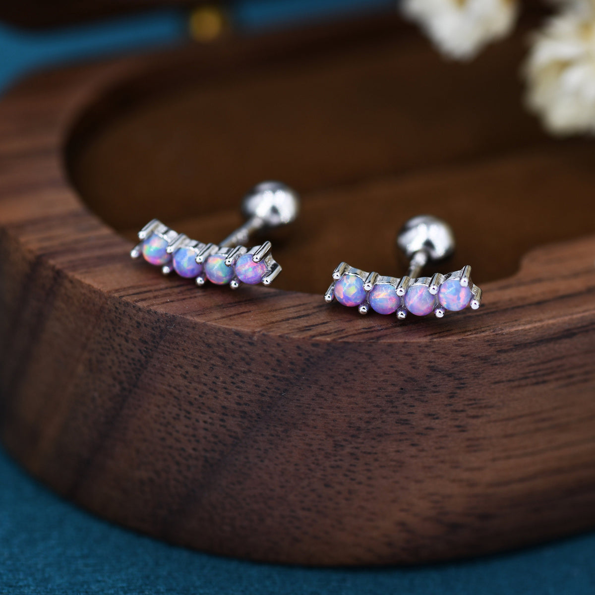Tiny Purple Opal Curved Bar Screw Back / Stud Earrings in Sterling Silver, Silver or Gold, Opal Screw Back Earrings, Fire Opal