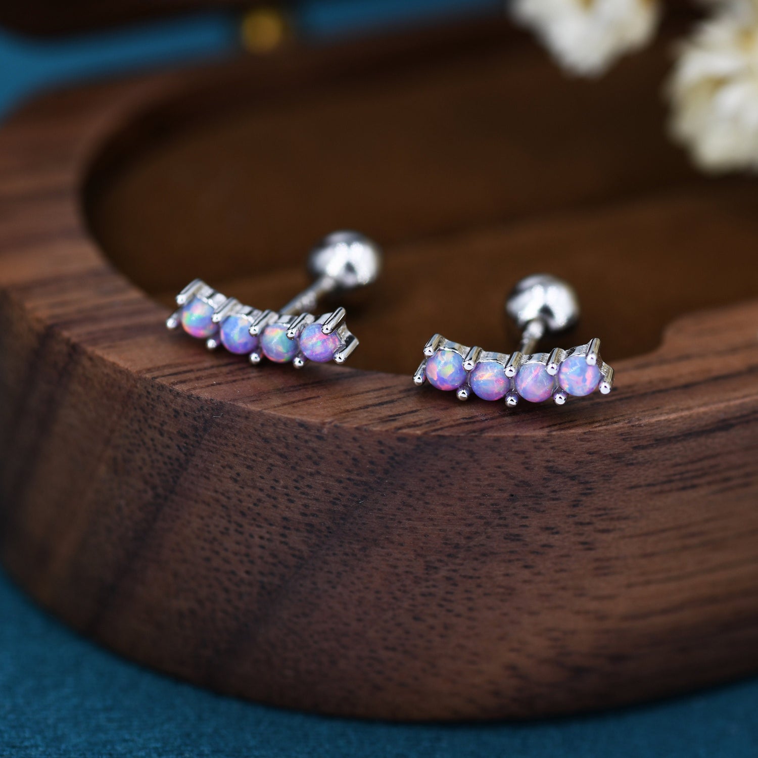 Tiny Purple Opal Curved Bar Screw Back / Stud Earrings in Sterling Silver, Silver or Gold, Opal Screw Back Earrings, Fire Opal