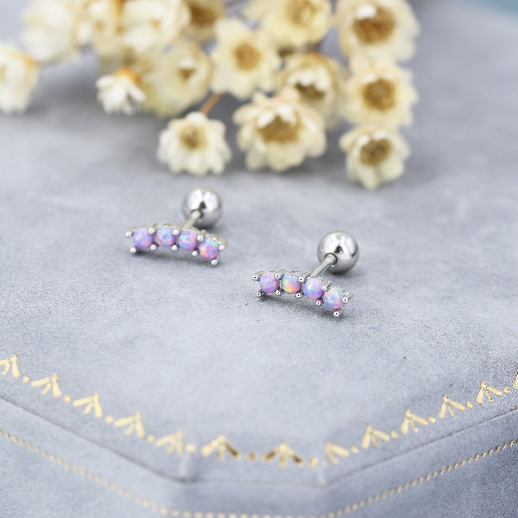 Tiny Purple Opal Curved Bar Screw Back / Stud Earrings in Sterling Silver, Silver or Gold, Opal Screw Back Earrings, Fire Opal