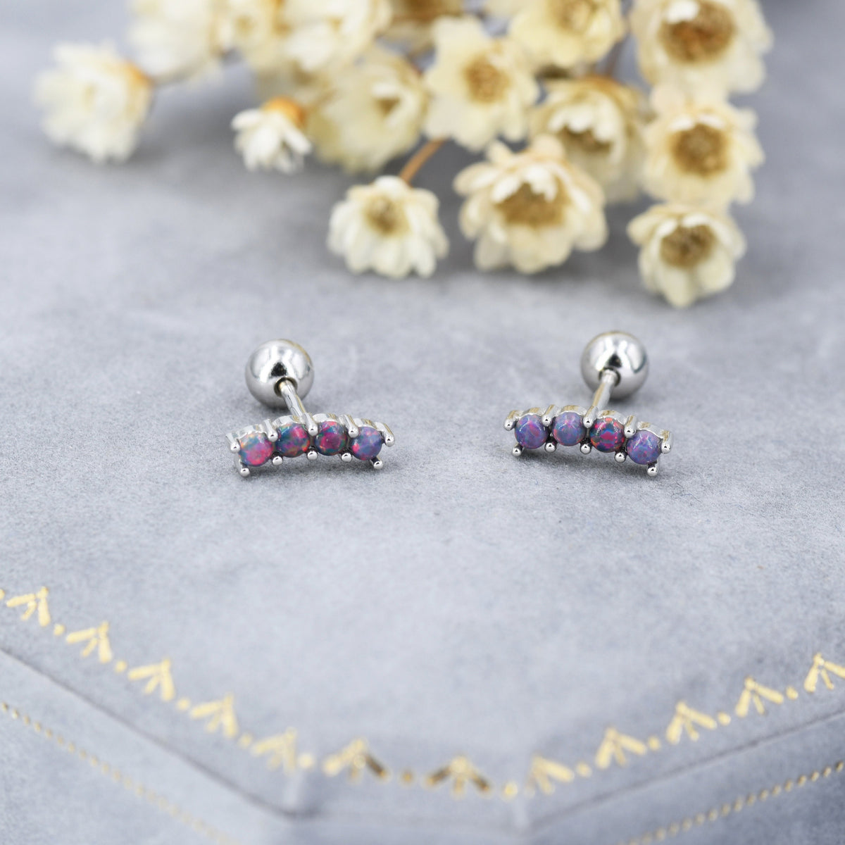 Tiny Dark Purple Opal Curved Bar Screw Back Earrings in Sterling Silver, Silver or Gold, Opal Screw Back Earrings, Fire Opal