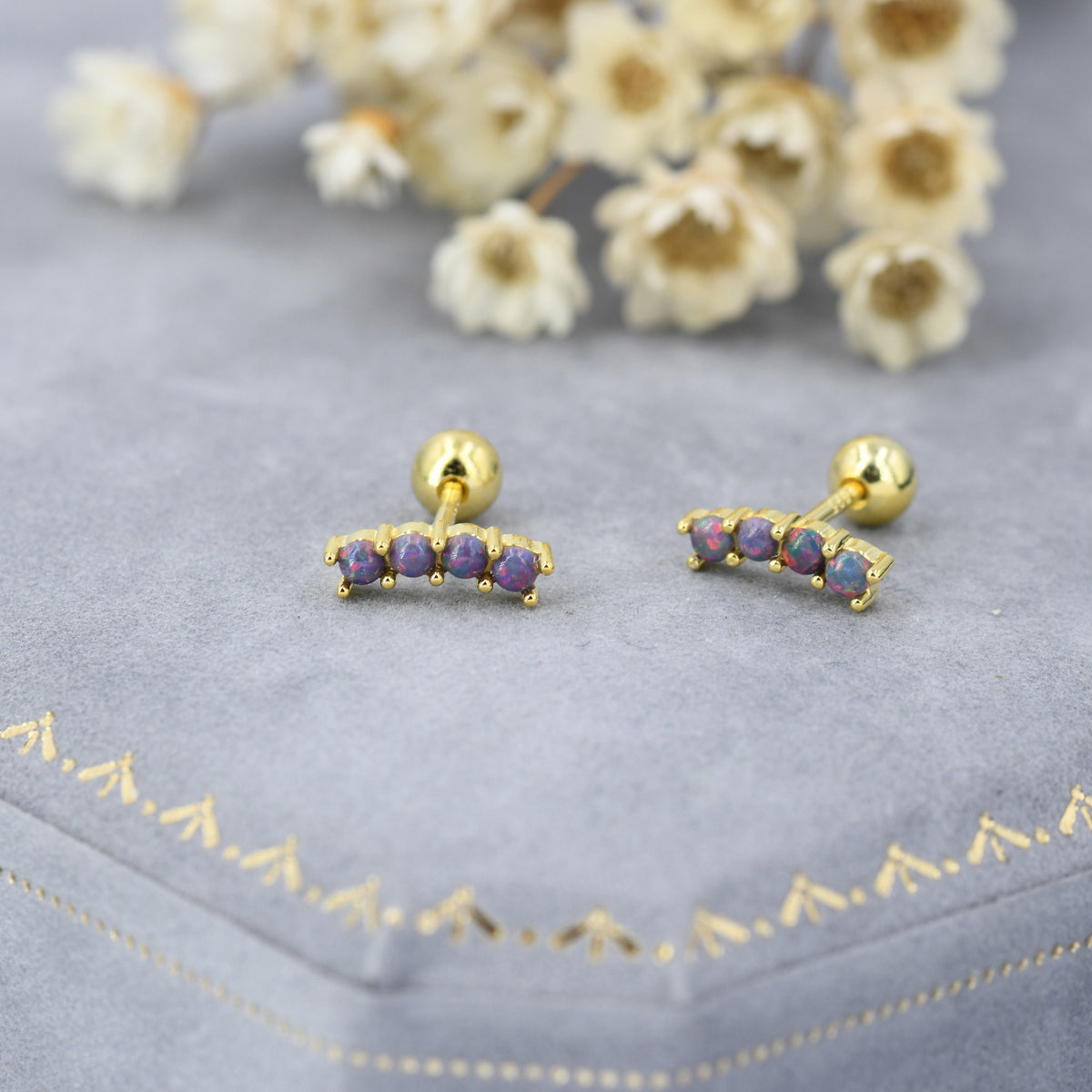 Tiny Dark Purple Opal Curved Bar Screw Back Earrings in Sterling Silver, Silver or Gold, Opal Screw Back Earrings, Fire Opal