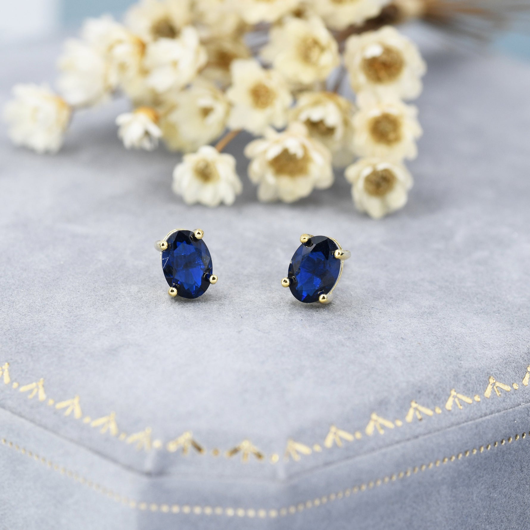 Sapphire Blue Oval CZ Stud Earrings in Sterling Silver, Available in Two Finishes, Oval Cut Crystal Earrings, September Birthstone