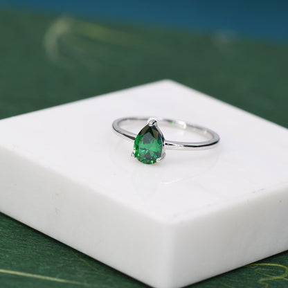 1 Carat Emerald Green CZ Pear Cut Ring in Sterling Silver, 5x7mm Green Zircon Ring, US Size 5-8, Droplet Ring, May Birthstone