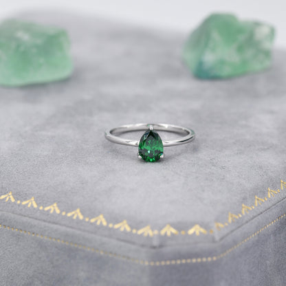 1 Carat Emerald Green CZ Pear Cut Ring in Sterling Silver, 5x7mm Green Zircon Ring, US Size 5-8, Droplet Ring, May Birthstone