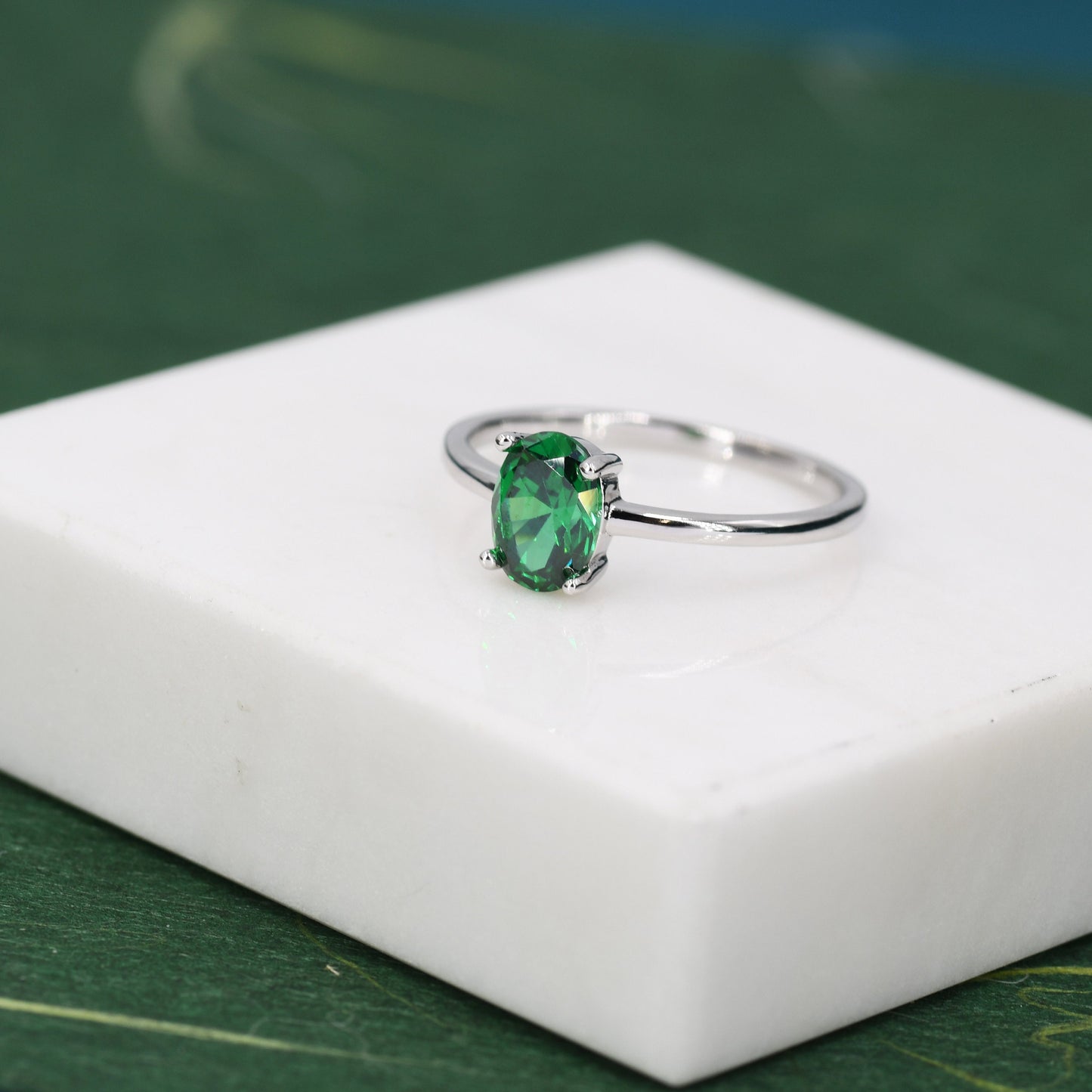 1 Carat Emerald Green CZ Oval Cut Ring in Sterling Silver, 5x7mm Green Zircon Ring, US Size 5-8, Green Oval Ring, May Birthstone