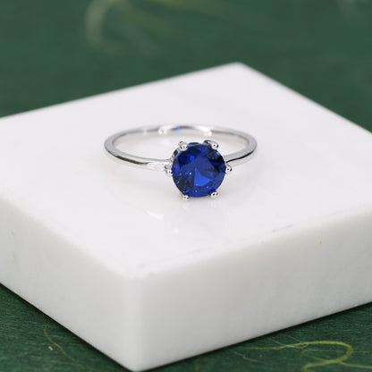 1 Carat Sapphire Blue CZ Brilliant Cut Ring in Sterling Silver, 6.5mm Blue Zircon Ring, US Size 5-8, September Birthstone