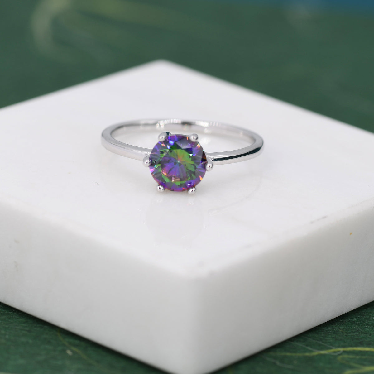 1 Carat Mystic Black CZ Brilliant Cut Ring in Sterling Silver, 6.5mm Mystic Topaz Zircon Ring, US Size 5-8, Aurora Black Ring