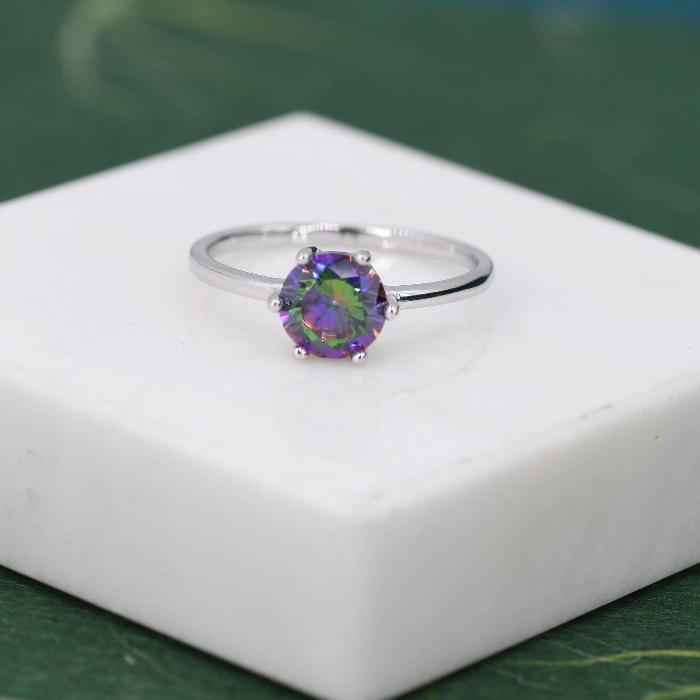 1 Carat Mystic Black CZ Brilliant Cut Ring in Sterling Silver, 6.5mm Mystic Topaz Zircon Ring, US Size 5-8, Aurora Black Ring