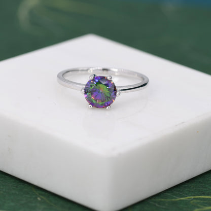 1 Carat Mystic Black CZ Brilliant Cut Ring in Sterling Silver, 6.5mm Mystic Topaz Zircon Ring, US Size 5-8, Aurora Black Ring