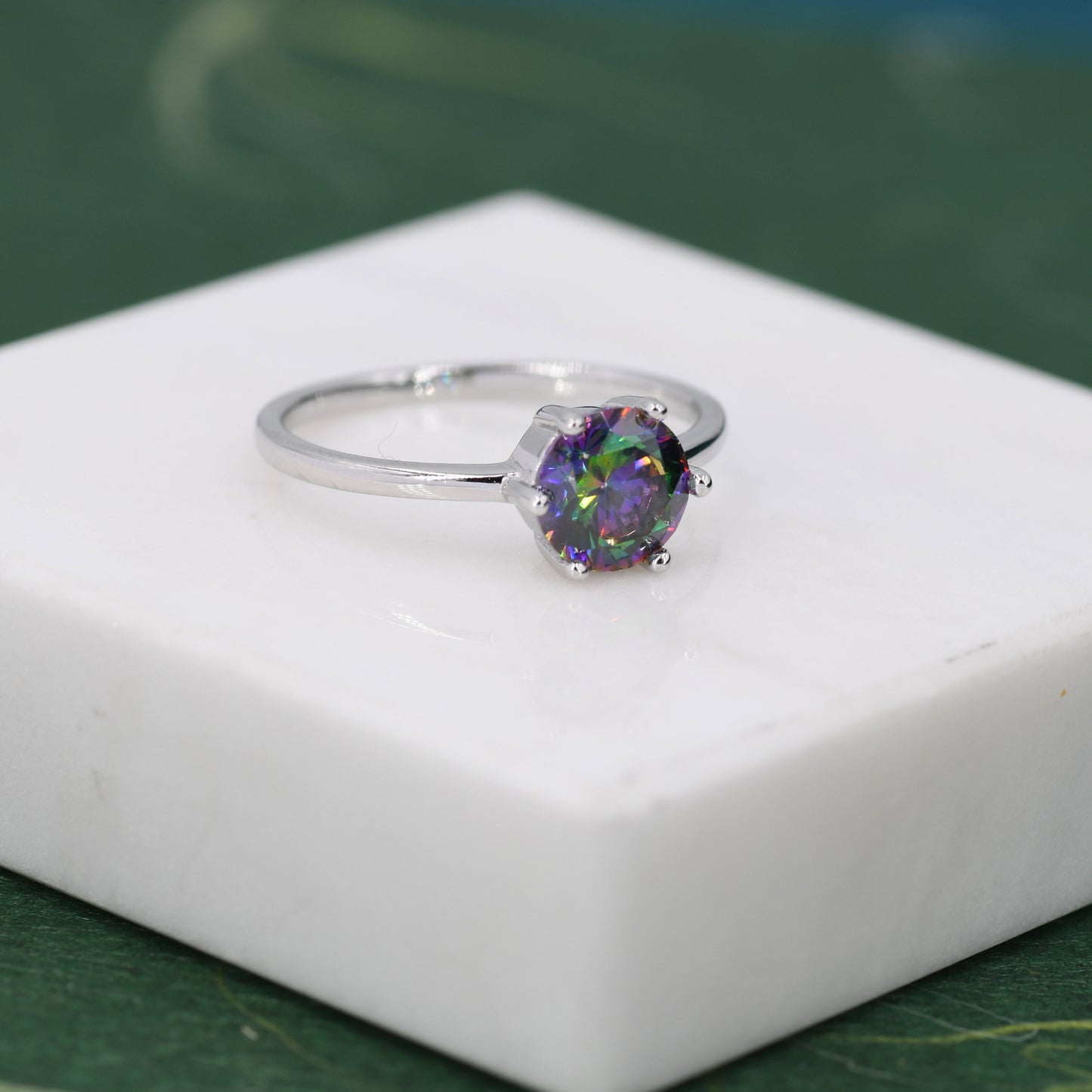 1 Carat Mystic Black CZ Brilliant Cut Ring in Sterling Silver, 6.5mm Mystic Topaz Zircon Ring, US Size 5-8, Aurora Black Ring