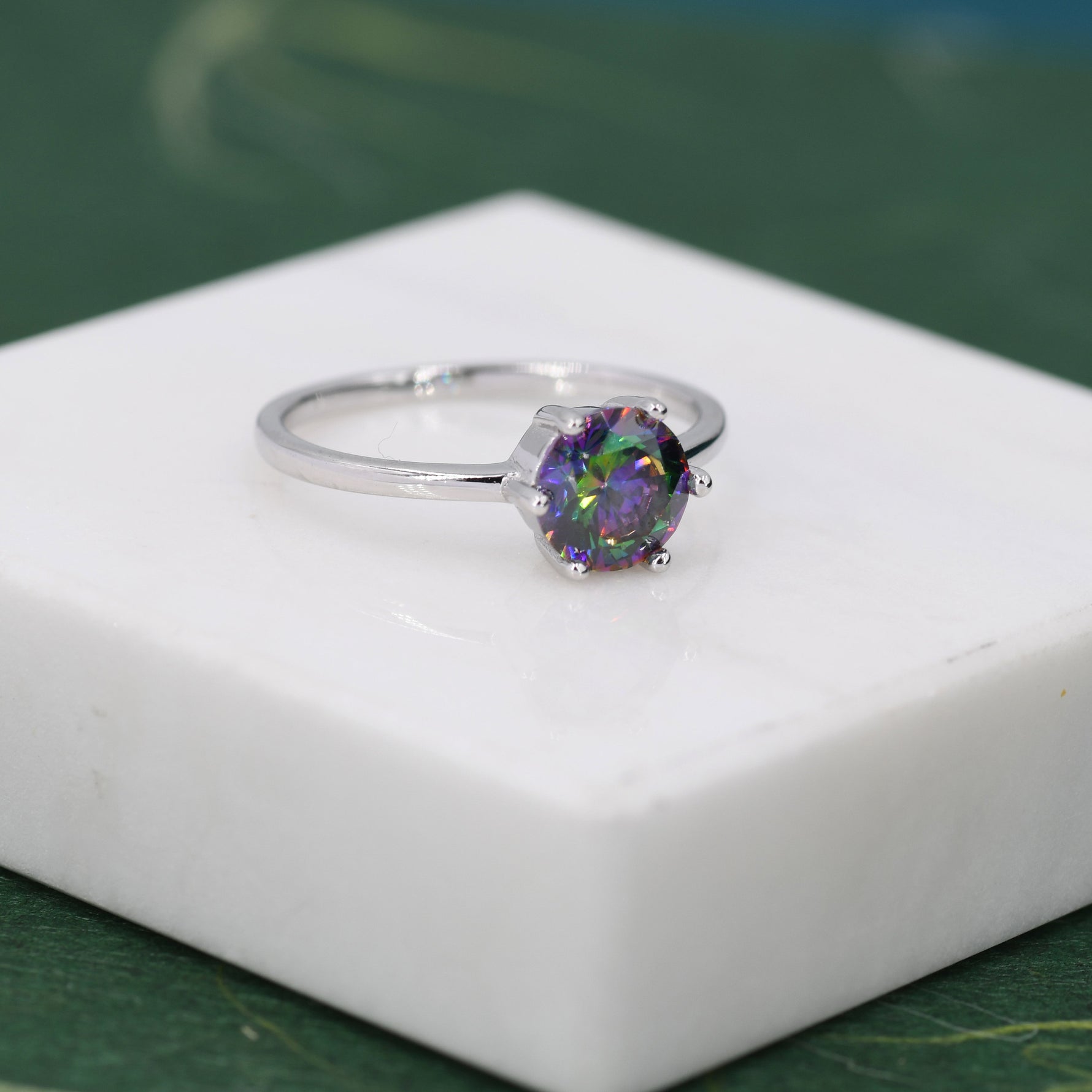 1 Carat Mystic Black CZ Brilliant Cut Ring in Sterling Silver, 6.5mm Mystic Topaz Zircon Ring, US Size 5-8, Aurora Black Ring
