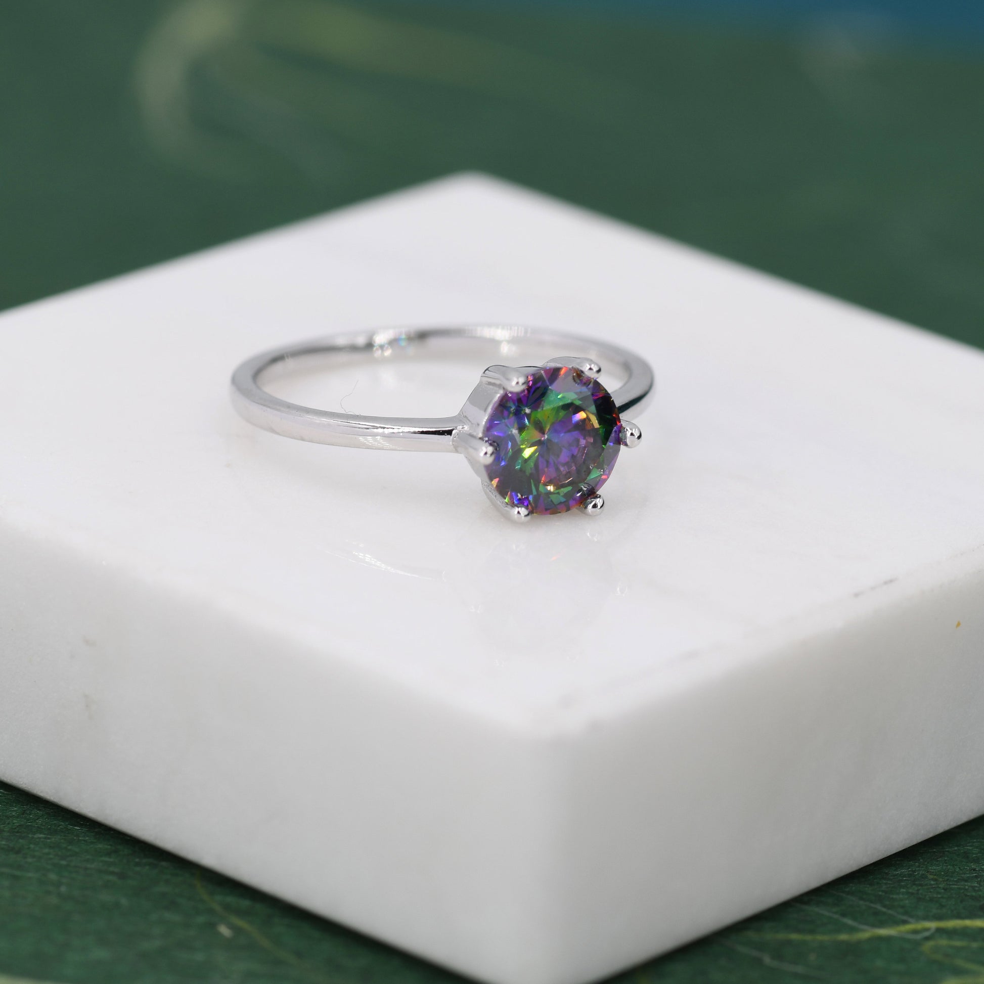 1 Carat Mystic Black CZ Brilliant Cut Ring in Sterling Silver, 6.5mm Mystic Topaz Zircon Ring, US Size 5-8, Aurora Black Ring