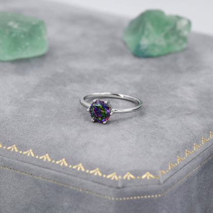 1 Carat Mystic Black CZ Brilliant Cut Ring in Sterling Silver, 6.5mm Mystic Topaz Zircon Ring, US Size 5-8, Aurora Black Ring