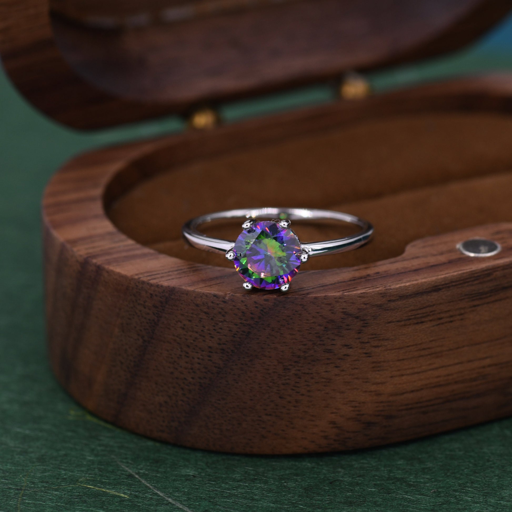 1 Carat Mystic Black CZ Brilliant Cut Ring in Sterling Silver, 6.5mm Mystic Topaz Zircon Ring, US Size 5-8, Aurora Black Ring