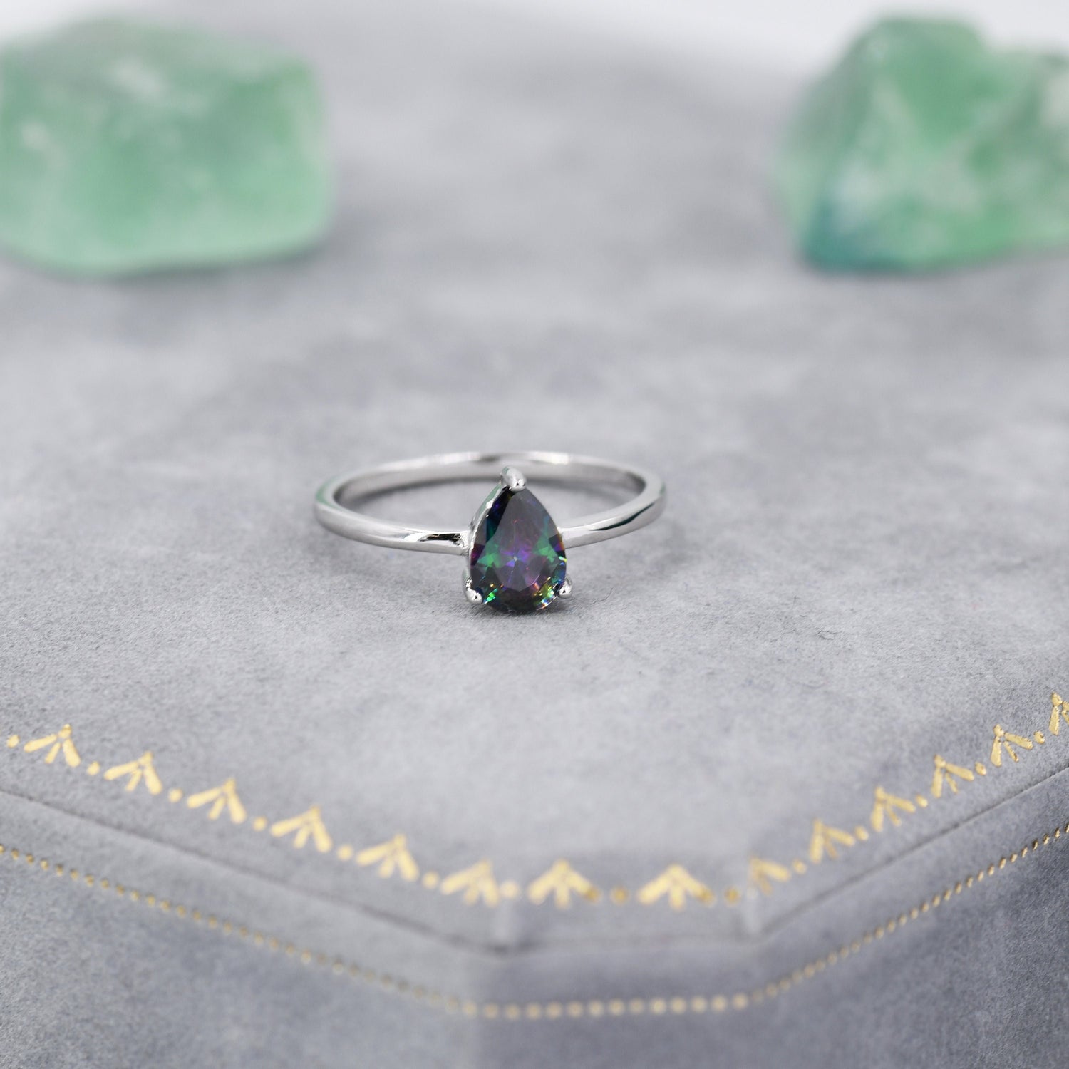 1 Carat Mystic Black CZ Pear Cut Ring in Sterling Silver, 5x7mm Mystic Topaz Zircon Ring, US Size 5-8, Aurora Black Droplet Ring