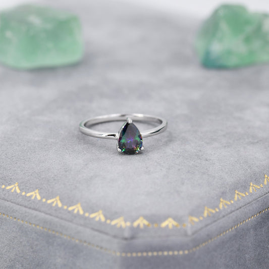 1 Carat Mystic Black CZ Pear Cut Ring in Sterling Silver, 5x7mm Mystic Topaz Zircon Ring, US Size 5-8, Aurora Black Droplet Ring