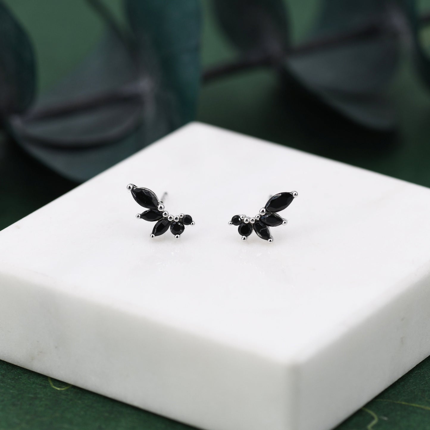 Black CZ Marquise Cluster Stud Earrings in Sterling Silver, Silver or Gold, Marquise Earrings, CZ Wing Earrings, Mini Crawler